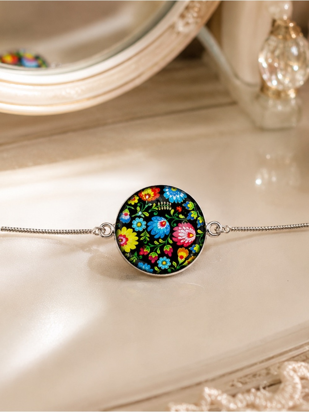 Handmade Floral Cabochon Adjustable Bracelet – Colorful Folk Art Style